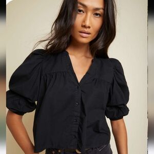Nation LTD Geneva Cropped Blouse Sz S Pima Cotton Black V-Neck Puff Sleeves